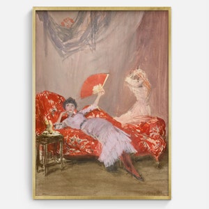 Vintage Painting Portrait of Woman with Fan, Antique Red Wall Decor Digital Download, Printable Artwork, Downloadable Art