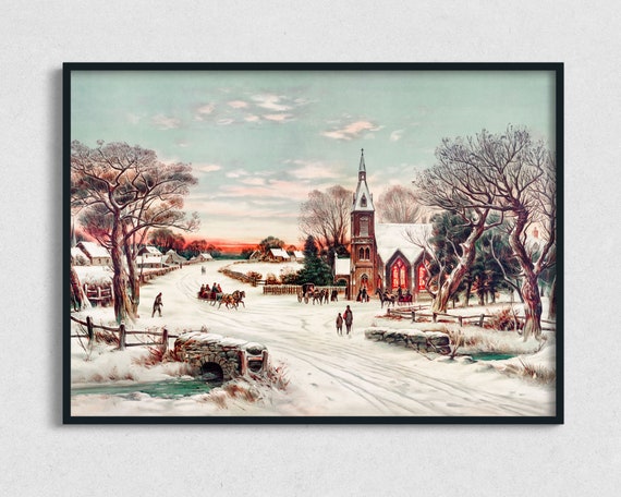クリスマスイブの教会 | ヴィンテージホリデー風景アートワーク