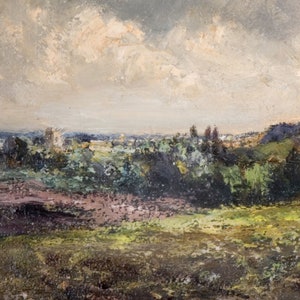 May include: A painting of a landscape with a cloudy sky, green trees, and a field in the foreground.