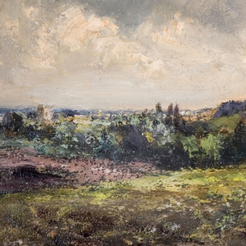 May include: A painting of a landscape with a cloudy sky, green trees, and a field in the foreground.