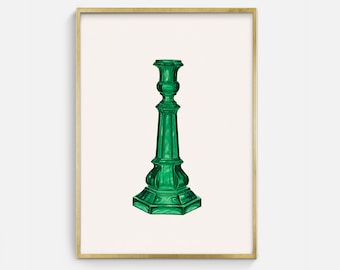 Vintage Printable Green Colored Glass Candlestick Drawing, Antique Object Sketch Digital Art Download