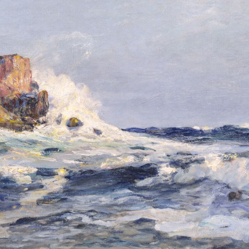 May include: A painting of a rocky coastline with crashing waves. The sky is a light blue, and the water is a deep blue with white foam.