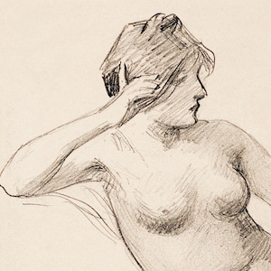 Pu&ograve; includere: Un disegno a matita di una donna, dalla testa alle spalle, con la mano appoggiata sulla testa. La donna &egrave; nuda e i suoi capelli sono lunghi e fluenti. Il disegno &egrave; realizzato in uno stile realistico e i tratti del viso della donna sono chiaramente definiti.