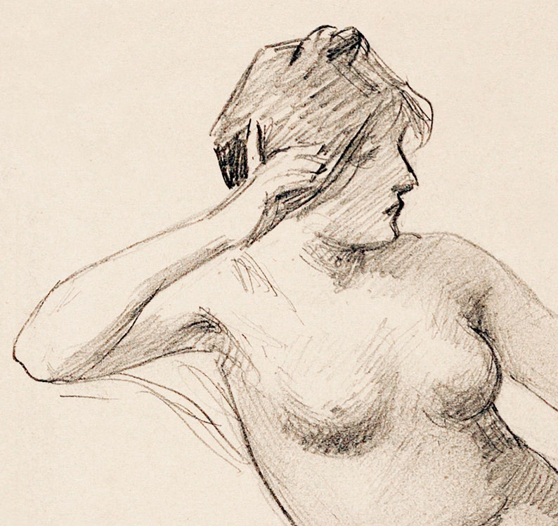 Pu&ograve; includere: Un disegno a matita di una donna, dalla testa alle spalle, con la mano appoggiata sulla testa. La donna &egrave; nuda e i suoi capelli sono lunghi e fluenti. Il disegno &egrave; realizzato in uno stile realistico e i tratti del viso della donna sono chiaramente definiti.