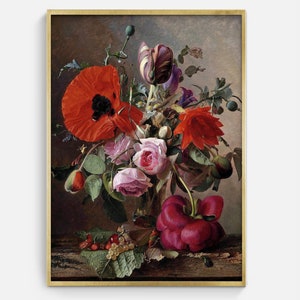 Floral Still Life with Poppy Vintage Painting, Digital Still Life Art Download
