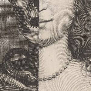 May include: A detailed black and white engraving depicting a woman's face and a snake. The woman is wearing a pearl necklace. The snake is coiled and positioned near the woman's face. The image is a study in contrasts, with intricate cross-hatching.