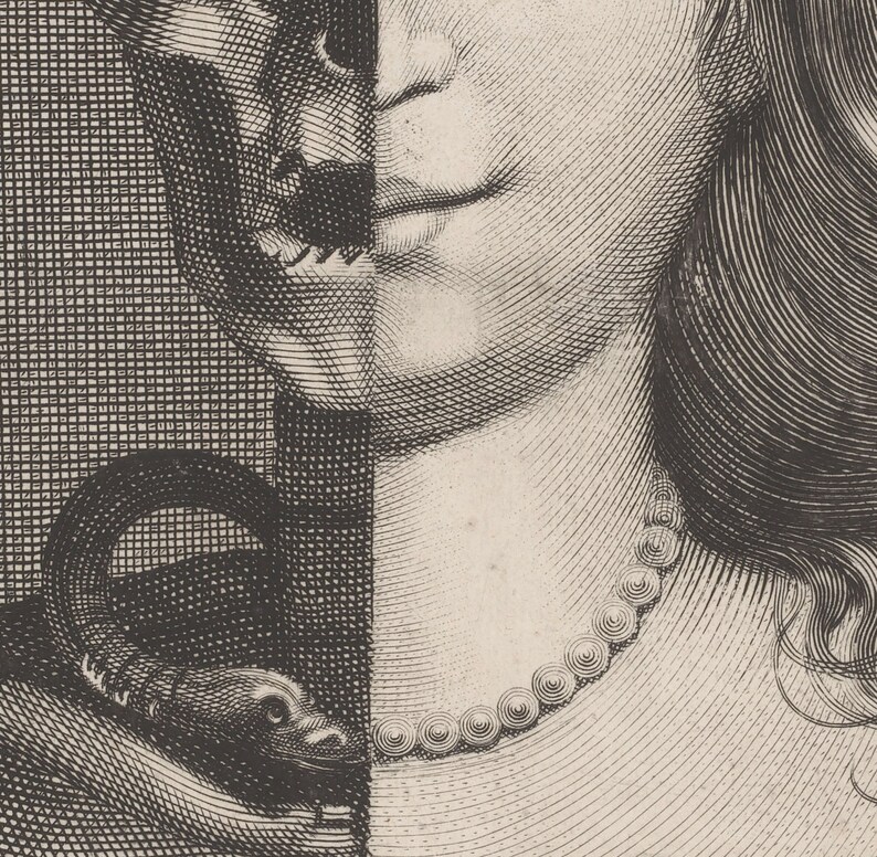 May include: A detailed black and white engraving depicting a woman's face and a snake. The woman is wearing a pearl necklace. The snake is coiled and positioned near the woman's face. The image is a study in contrasts, with intricate cross-hatching.