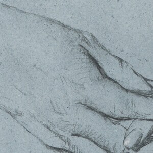 May include: A close-up of a hand drawn in pencil on a textured paper. The hand is shown in a relaxed position with the fingers slightly curled.