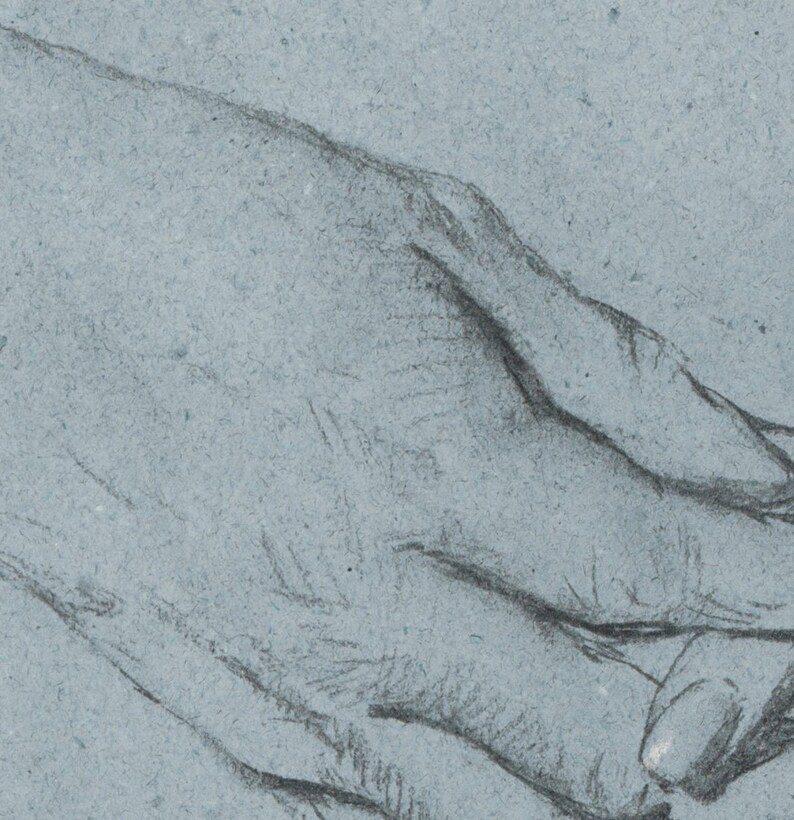 May include: A close-up of a hand drawn in pencil on a textured paper. The hand is shown in a relaxed position with the fingers slightly curled.