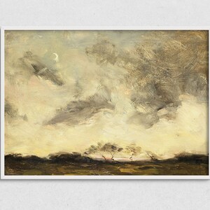 May include: A painting of a landscape with a cloudy sky and a few trees in the foreground. The sky is a pale yellow with streaks of gray and white clouds. The trees are a dark green and are silhouetted against the sky.