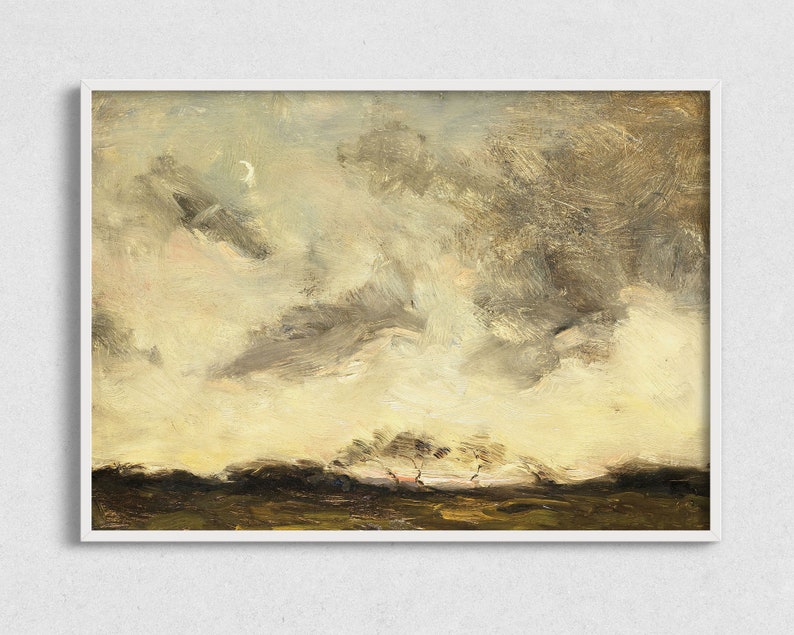 May include: A painting of a landscape with a cloudy sky and a few trees in the foreground. The sky is a pale yellow with streaks of gray and white clouds. The trees are a dark green and are silhouetted against the sky.