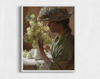 Vintage Portrait Art Printable, Woman with Flowers Digital Painting