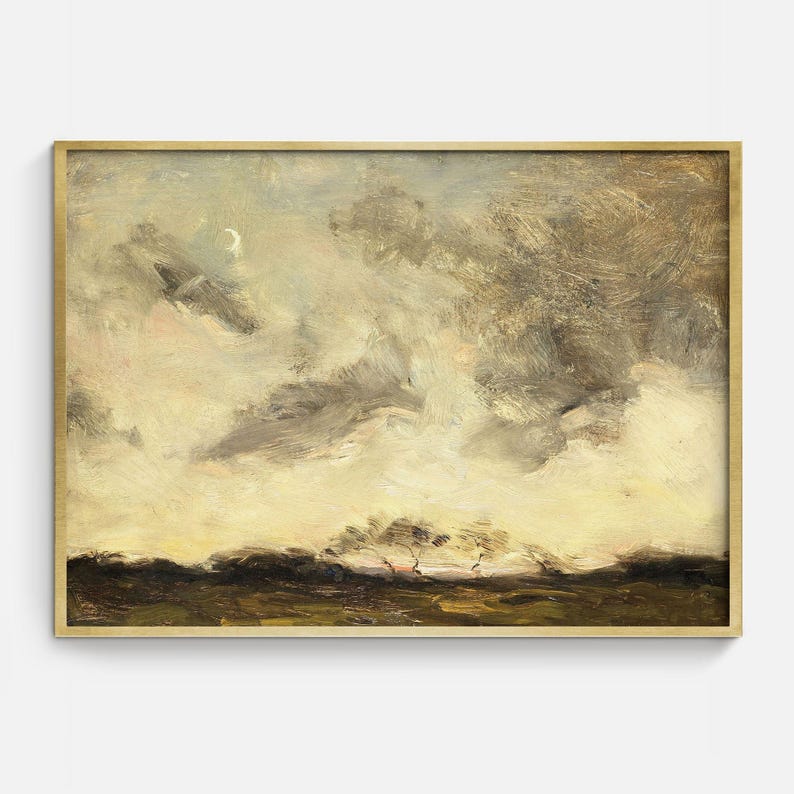 May include: A painting of a landscape with a cloudy sky and a few trees in the foreground. The sky is a pale yellow with streaks of gray and white clouds. The trees are a dark green and are silhouetted against the sky.