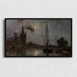 Halloween Samsung Frame TV Art | Crescent Moon in the Harbor | Fall Landscape Digital Download, Halloween Art, Spooky Home Decor Printable