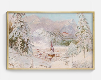 Church in a Snowy Valley | Vintage Winter Landscape Art Printable, Holiday Decor