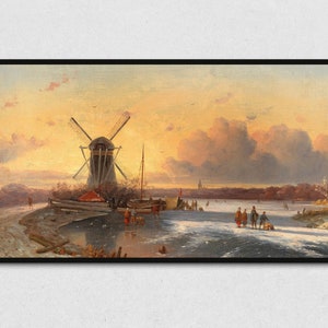 Holiday Samsung Frame TV Art | Evening on the Ice | Digital Winter Landscape Painting for The Frame, Vintage Holiday Art for Frame TV