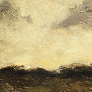 May include: A painting of a landscape with a yellow sky and dark green hills in the foreground.