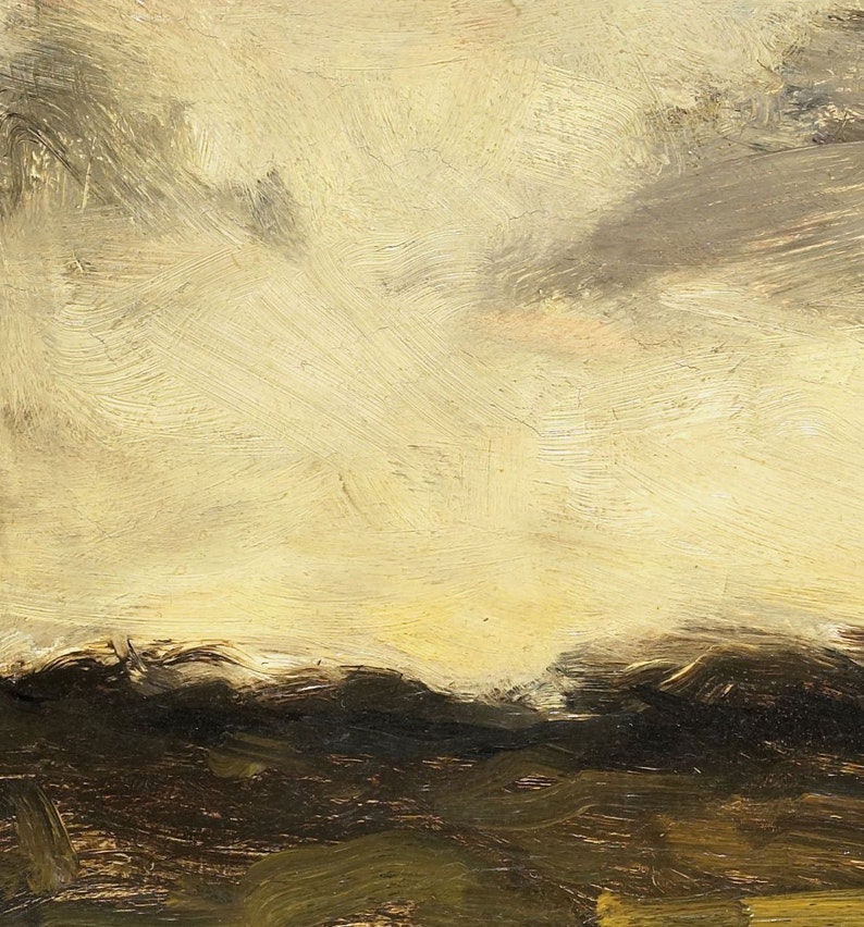 May include: A painting of a landscape with a yellow sky and dark green hills in the foreground.