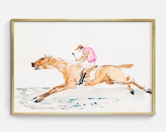 Vintage Horse Racing Watercolor Print in Pink: Equestrian Art (Digital Download)