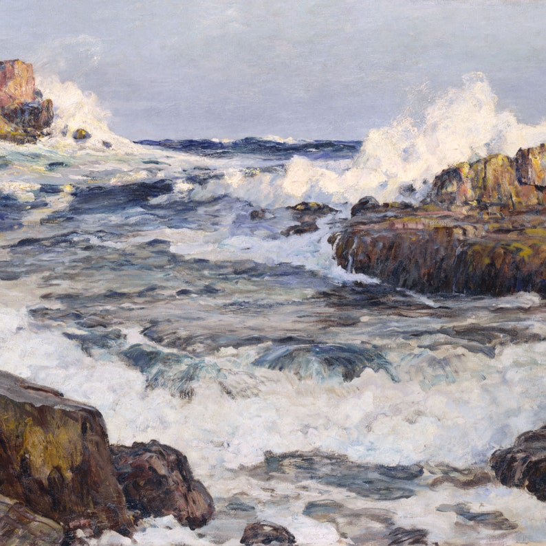 May include: A painting of a rocky seascape with crashing waves. The water is a deep blue and the rocks are a dark brown. The sky is a light blue and there are white clouds.
