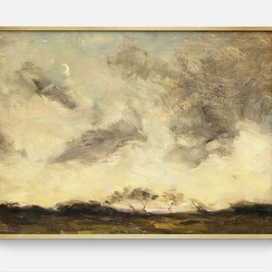 May include: A painting of a cloudy sky with a hint of blue in the distance. The clouds are painted in shades of gray and white, with a few touches of yellow. The sky is framed by a dark green landscape in the foreground.