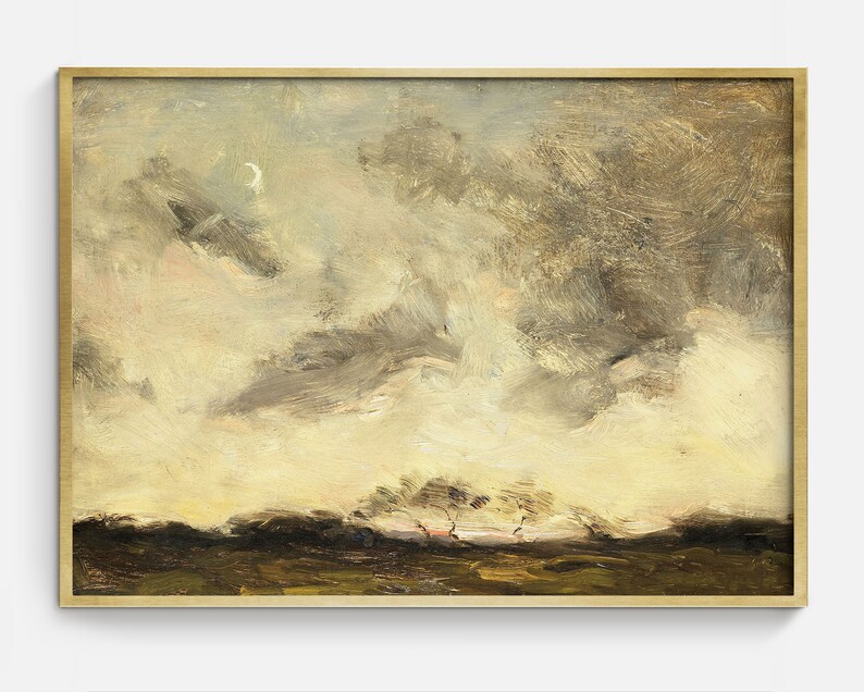 May include: A painting of a cloudy sky with a hint of blue in the distance. The clouds are painted in shades of gray and white, with a few touches of yellow. The sky is framed by a dark green landscape in the foreground.