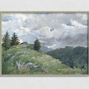 Watercolor Hilltop | Vintage Antique Landscape Mountain Countryside Watercolor Printable Art Digital Download