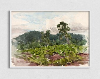 Vintage Watercolor Landscape Art Print: Rustic Mountain View (Digital Download)