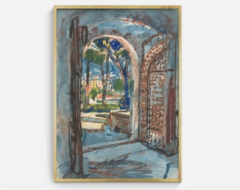 May include: A watercolor painting of a brick archway with a view of a lush green garden and a distant cityscape. The archway is painted in shades of brown and red, while the garden is painted in shades of green and blue. The cityscape is painted in shades of gray and white.