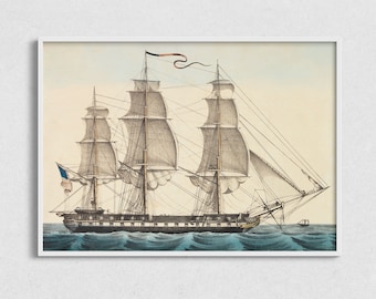 May include: A vintage illustration of a large, three-masted sailing ship with white sails against a light background. The ship is sailing on a blue sea with white waves. The ship has a French flag flying from the mast.