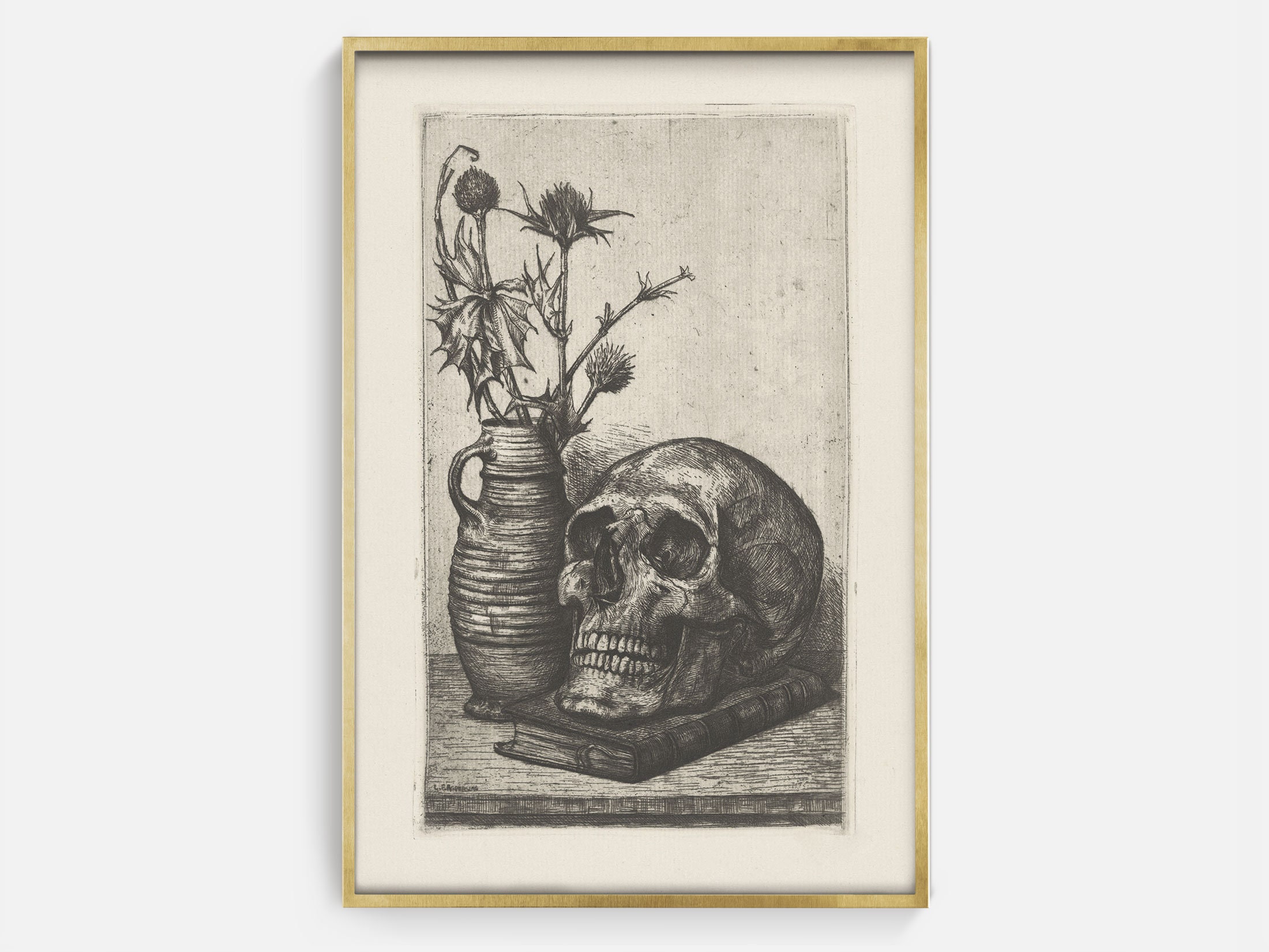Gothic Skull Still Life Art Print: Spooky Antique Drawing (digital