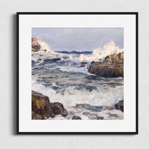 May include: A painting of a seascape with crashing waves and rocky cliffs. The water is a deep blue with white foam and the cliffs are a dark brown.