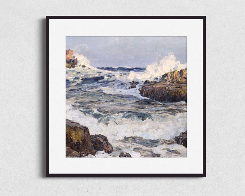 May include: A painting of a seascape with crashing waves and rocky cliffs. The water is a deep blue with white foam and the cliffs are a dark brown.