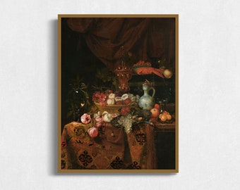 Vintage Still Life Painting: Antique Roses & Fruit (Digital Download)