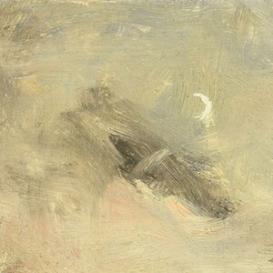 May include: A painting of a crescent moon in a pale yellow sky with dark gray mountains in the foreground.