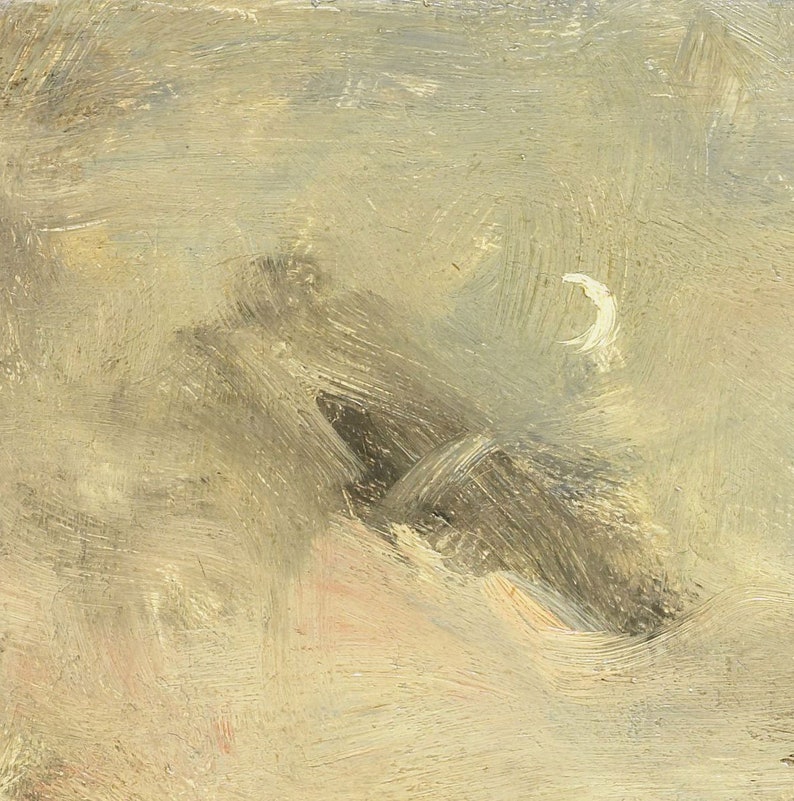 May include: A painting of a crescent moon in a pale yellow sky with dark gray mountains in the foreground.
