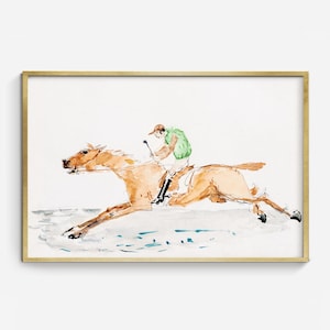 May include: Watercolor painting of a horse race in a gold frame. The horse is brown, and the jockey is wearing a green shirt and brown cap. The artwork has a minimalist style with soft watercolor strokes, capturing the movement and energy of the race.