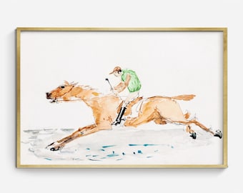 Vintage Horse Racing Print in Green: Equestrian Watercolor Art (Digital Download)