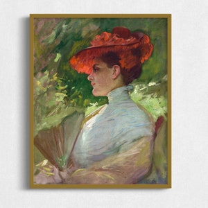 Vintage Portrait Painting of Woman in Red Hat, Antique Portrait Digital Download Wall Art