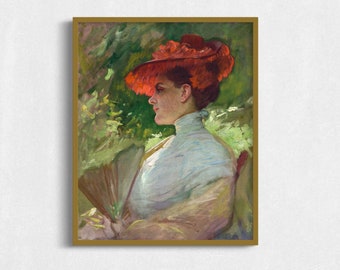Vintage Portrait Painting of Woman in Red Hat, Antique Portrait Digital Download Wall Art