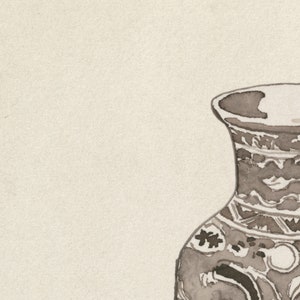 May include: A brown and white ceramic vase with a decorative pattern. The vase has a wide mouth and a narrow neck.