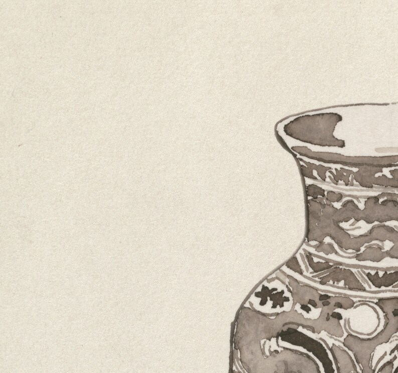 May include: A brown and white ceramic vase with a decorative pattern. The vase has a wide mouth and a narrow neck.