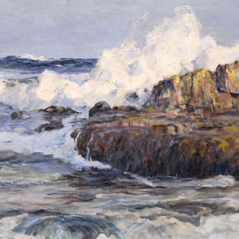 May include: A painting of a rocky coastline with crashing waves. The waves are white and foamy, and the rocks are brown and gray. The sky is a light blue.