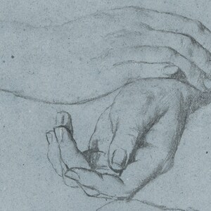 May include: A black and white pencil drawing of two hands, one resting on top of the other.