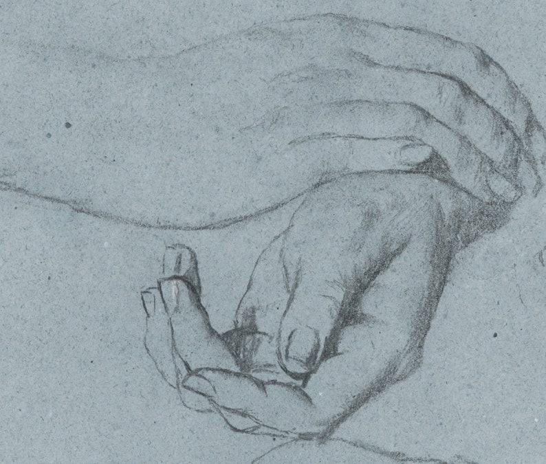 May include: A black and white pencil drawing of two hands, one resting on top of the other.