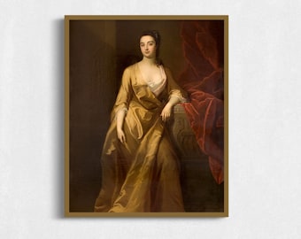 Vintage Portrait of Woman in Gold Dress, Antique Printable Painting of Woman