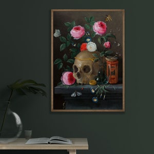May include: A still life painting featuring a human skull adorned with a crown of thorns and surrounded by pink and white roses, a butterfly, and a glass bottle. The skull is resting on a dark surface with a small hourglass and a gold coin.