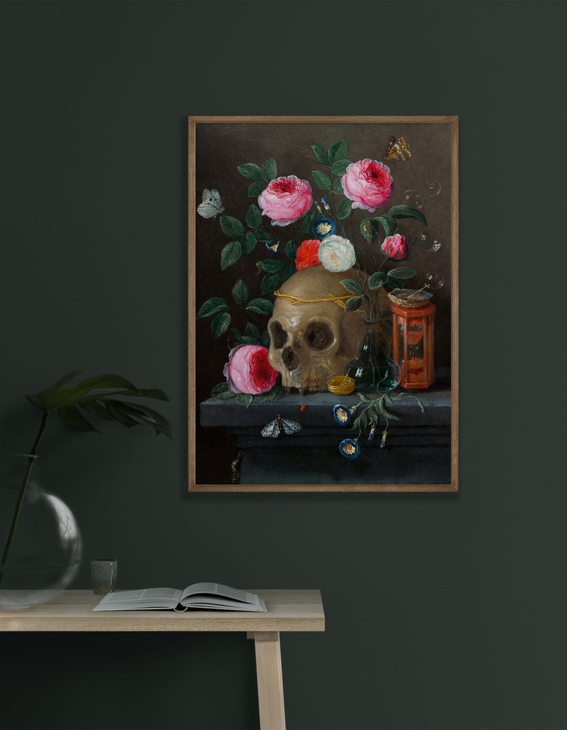 May include: A still life painting featuring a human skull adorned with a crown of thorns and surrounded by pink and white roses, a butterfly, and a glass bottle. The skull is resting on a dark surface with a small hourglass and a gold coin.
