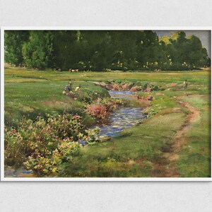 Beside the Stream | Vintage Field Landscape Digital Download Printable Wall Art Antique Oil Painting Digital Print