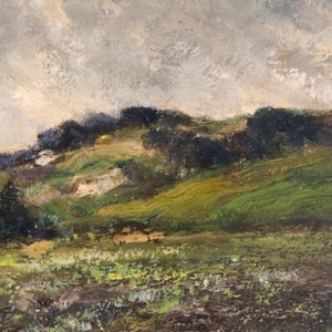 May include: A painting of a landscape with rolling green hills and a cloudy sky. The hills are painted with thick brushstrokes, giving the painting a textured look. The sky is a light gray with hints of white clouds.